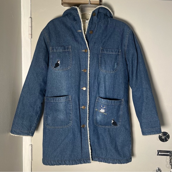 🐈⬛Cat Denim Sherpa Lined Embroidered Coat - Picture 3 of 16